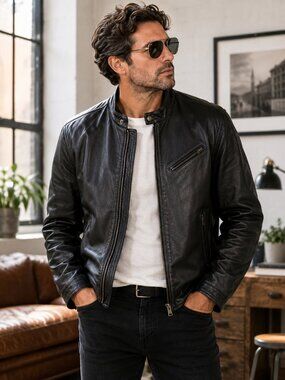 Express Black Genuine Leather Cafe Racer Moto Jacket Mens Medium M